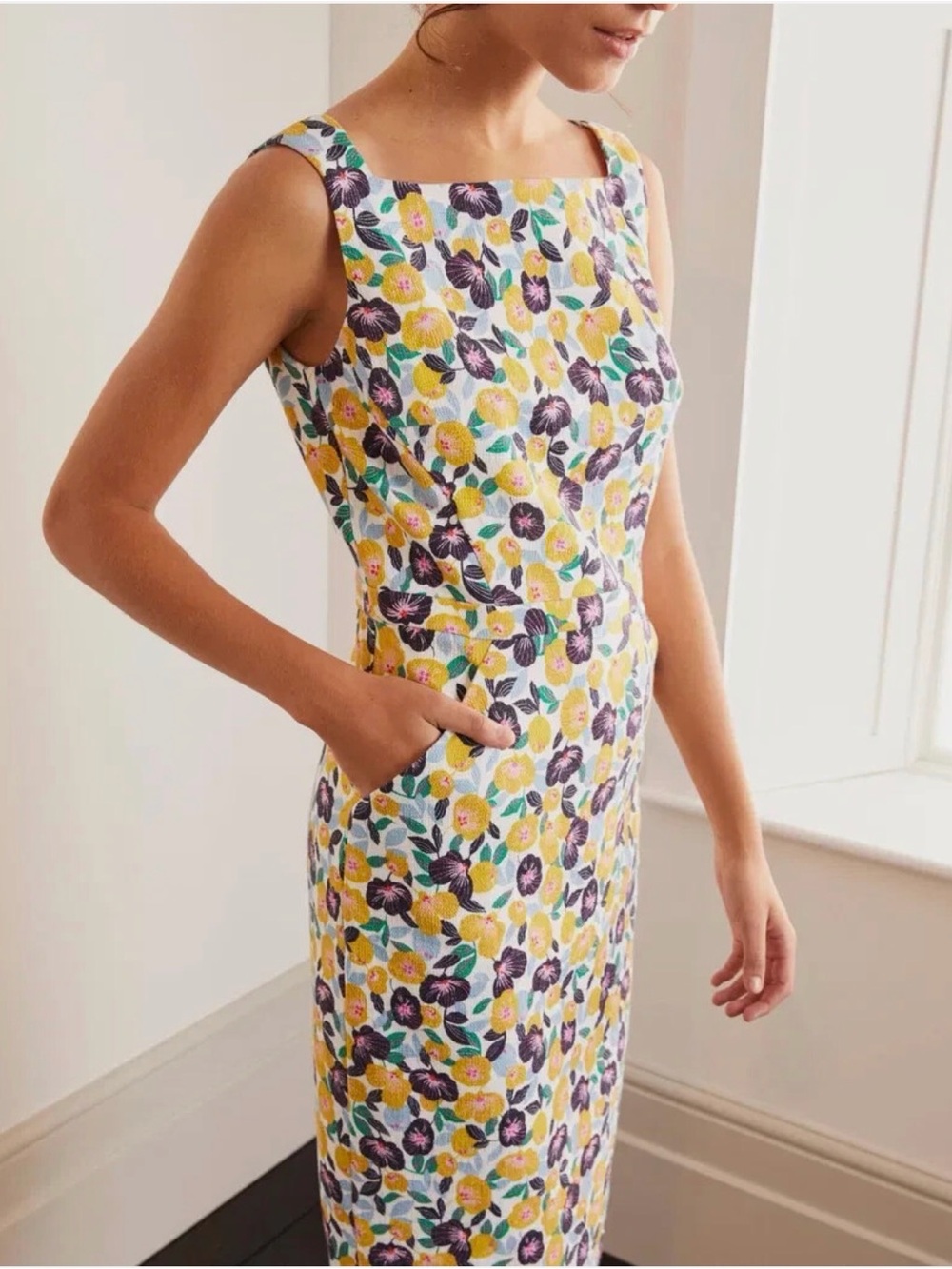 Boden Floral Midi Dress in Yellow, Purple, Green and White